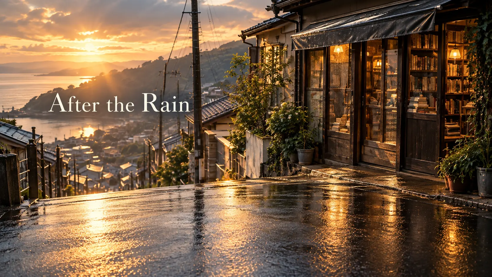 A rain-washed hillside street and a small bookshop overlooking the coast at sunset
