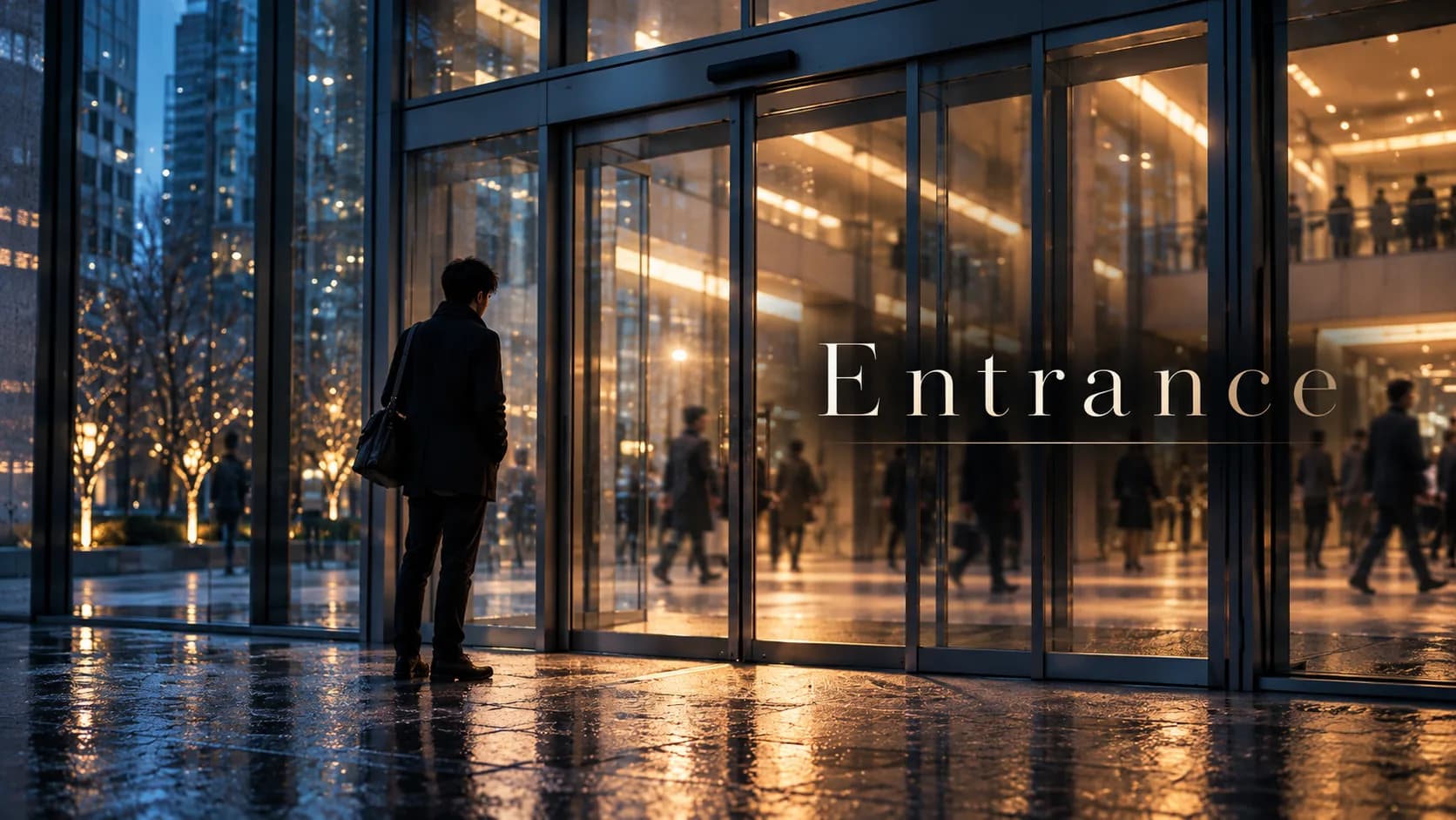 A person waiting beside glass automatic entrance doors as people pass within