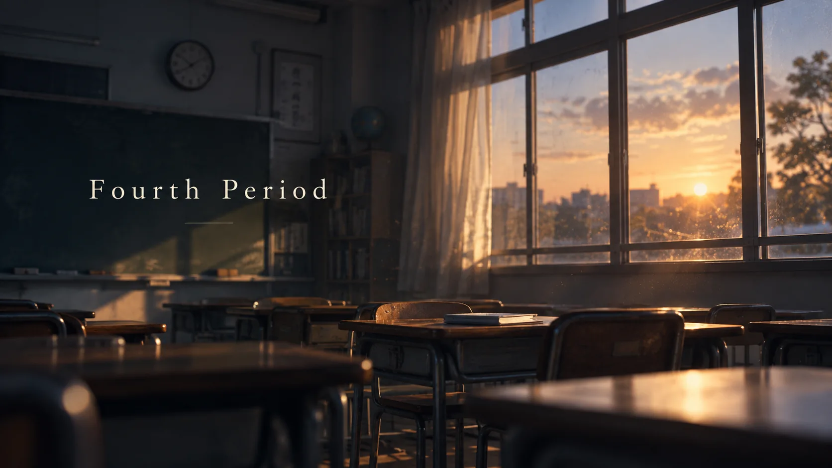 An empty classroom illuminated by the setting sun