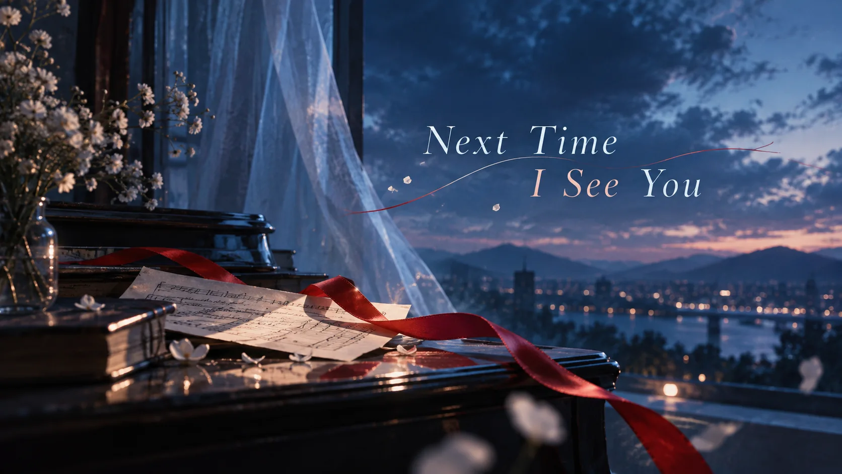 A red ribbon and letter on a piano beside a twilight window