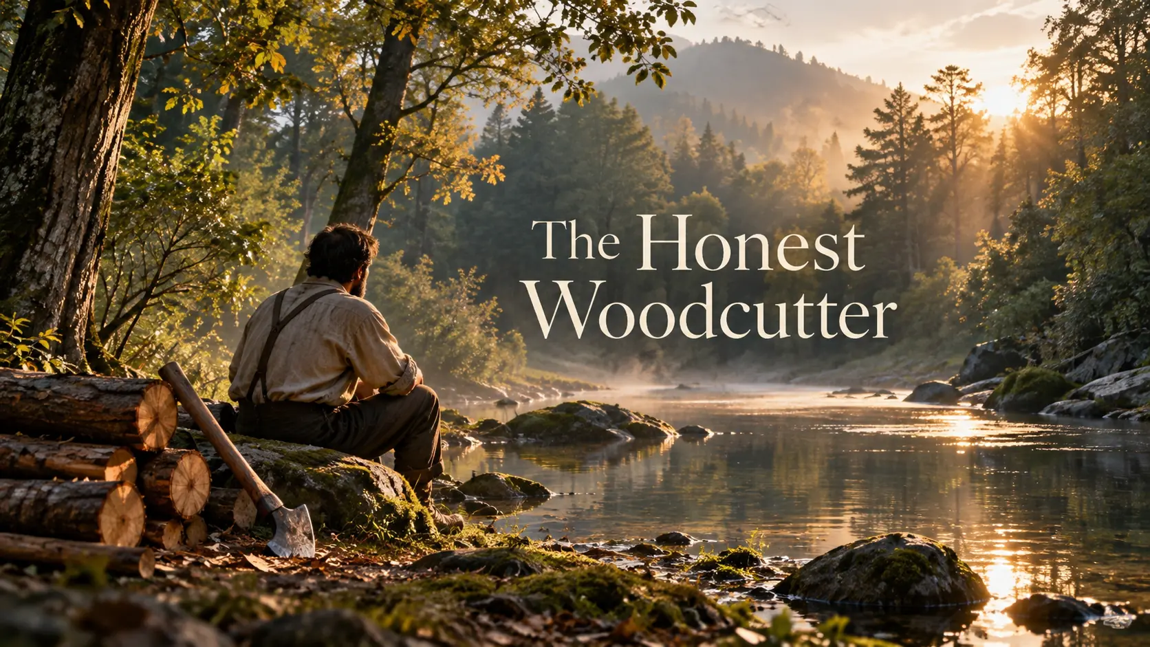 A woodcutter resting with an axe and logs beside a tranquil forest river