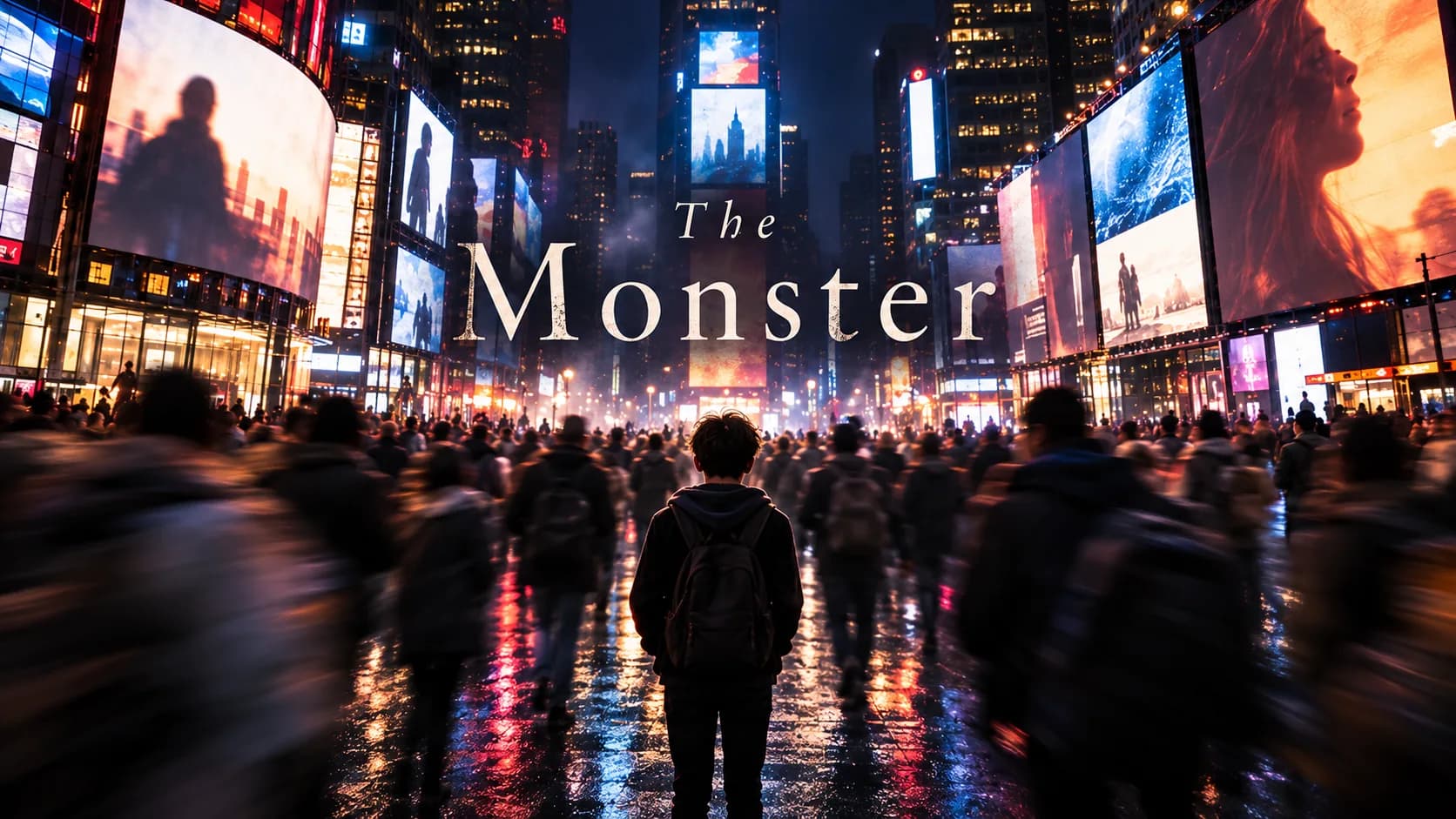A teenager seen from behind amid an anonymous crowd in a neon-lit city square